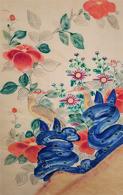 Blumen und Vogelmalerei mit einer blauen Schlange 푸른뱀이 있는 화조도